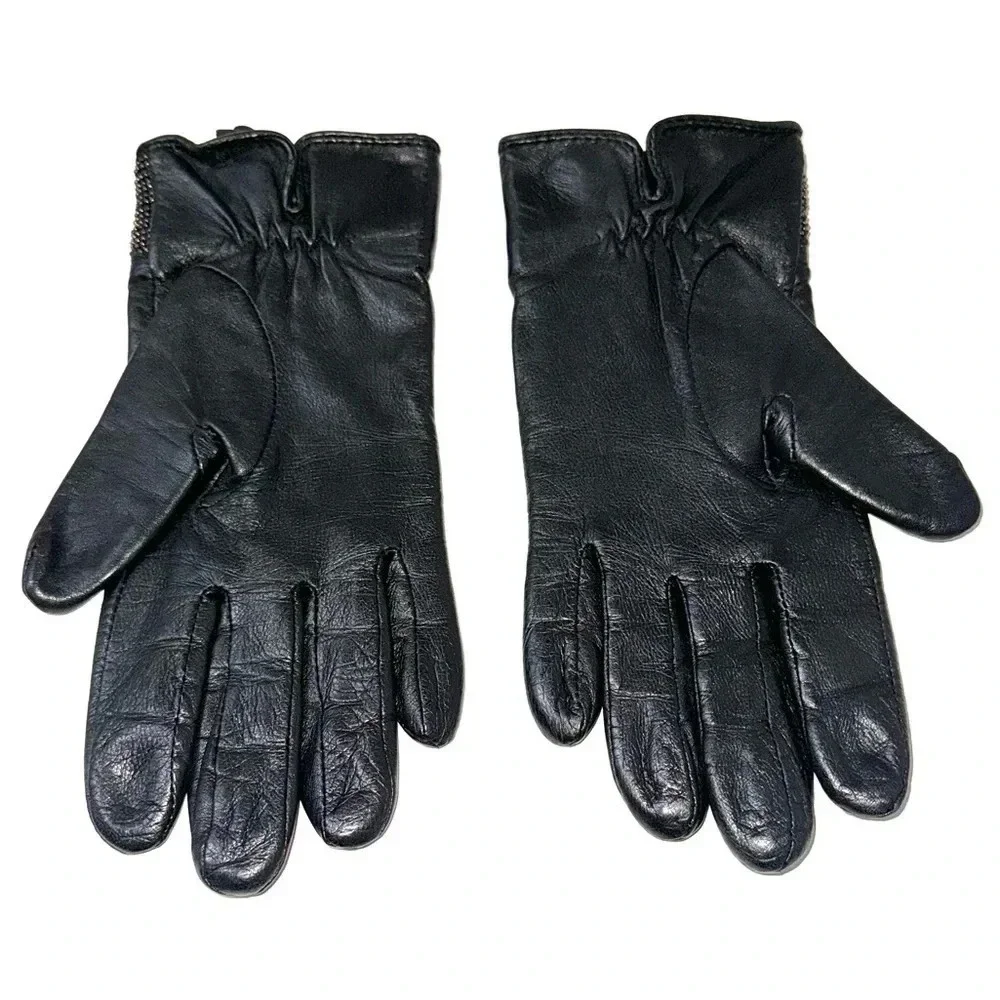 Lauren Ralph Lauren Leather Beaded Black Gloves Size Medium